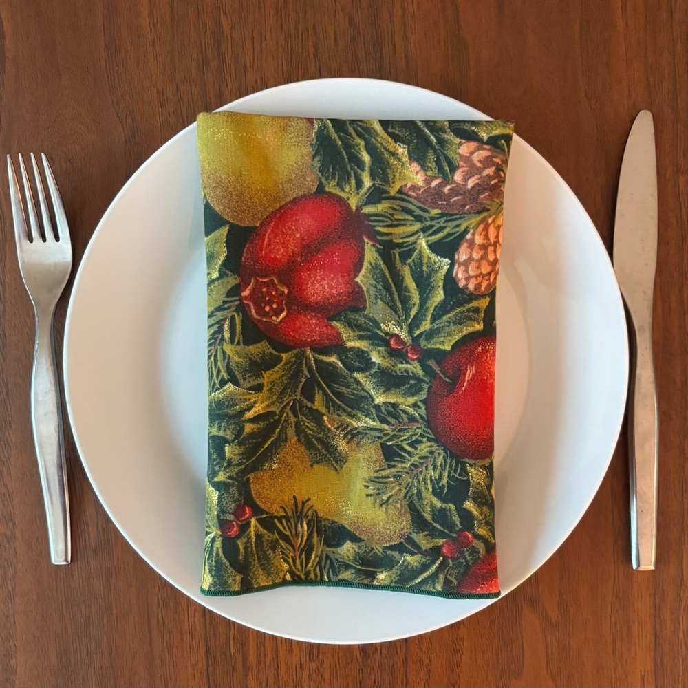 Vintage 90s Fabric Napkins Set of 7 Pomegranates Pears Spruce Berries Rich Color